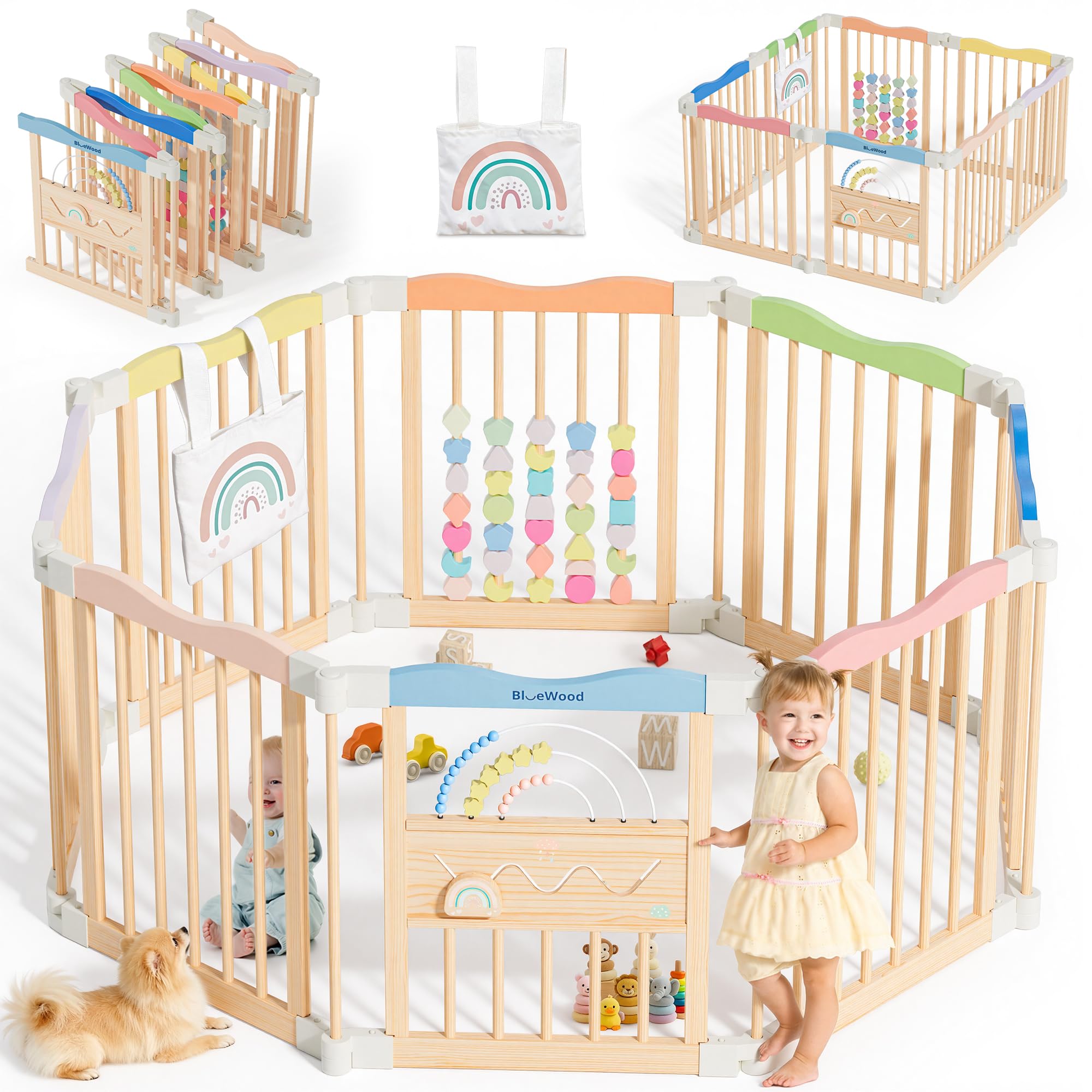 BlueWood foldable playpen assembly shows tool-free setup for quick safety
