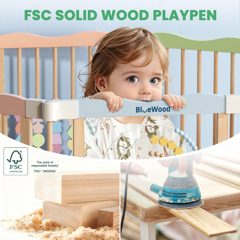 BlueWood foldable playpen double-lock gate enhances secure access control