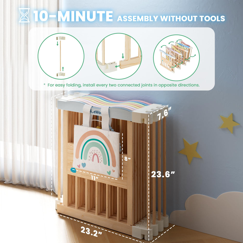 BlueWood foldable playpen safety corners highlight toxin-free materials and rounded edges