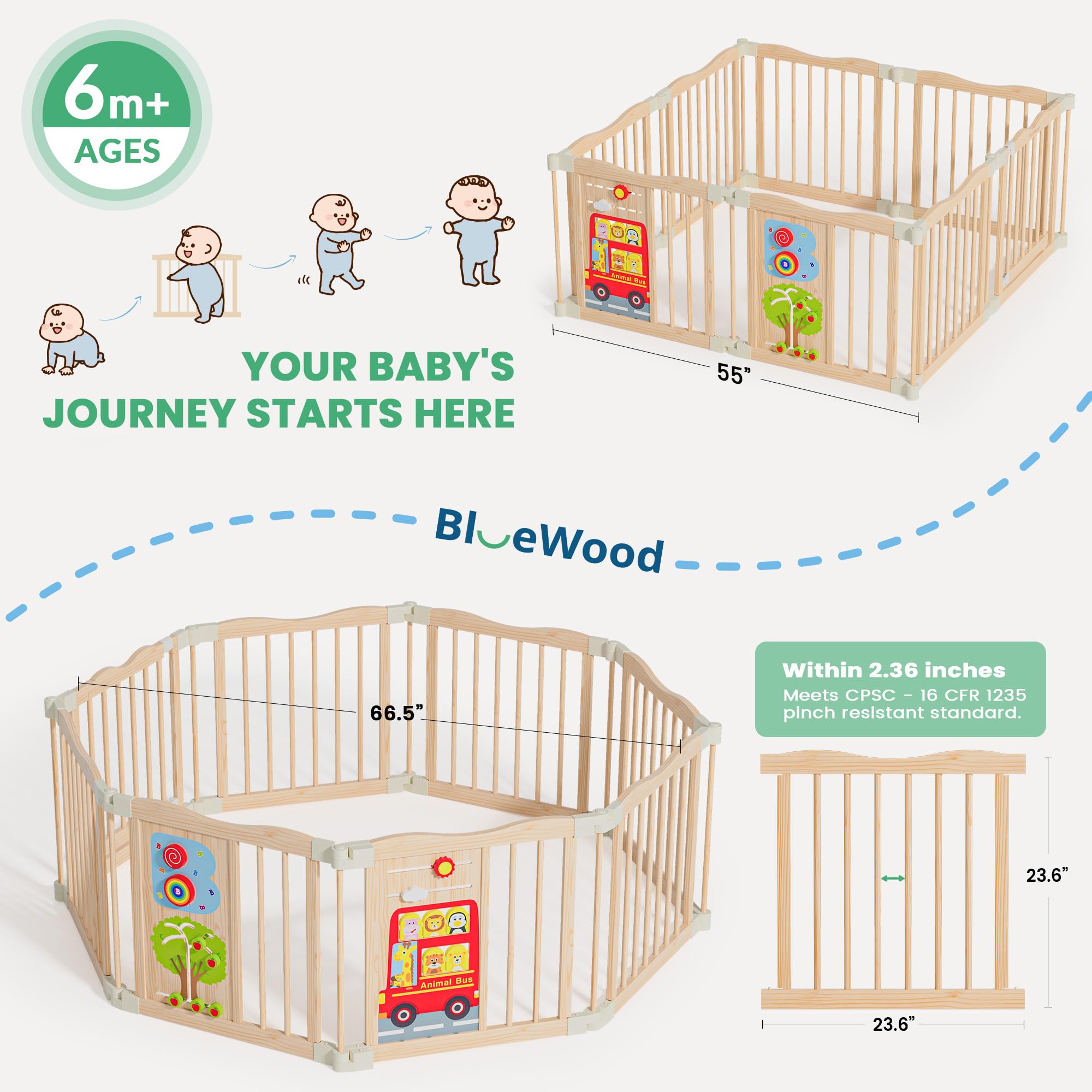 BlueWood playpen double-lock safety gate ensures reliable childproofing during busy playtime.