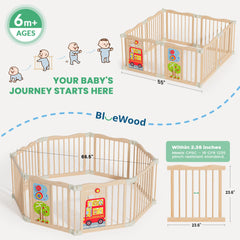 BlueWood playpen double-lock safety gate ensures reliable childproofing during busy playtime.