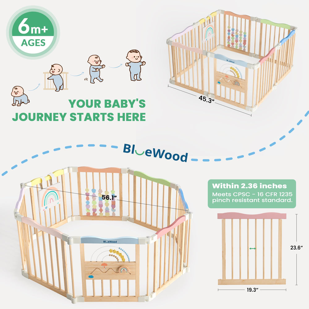BlueWood playpen eight-panels configuration allows flexible shapes for compact rooms