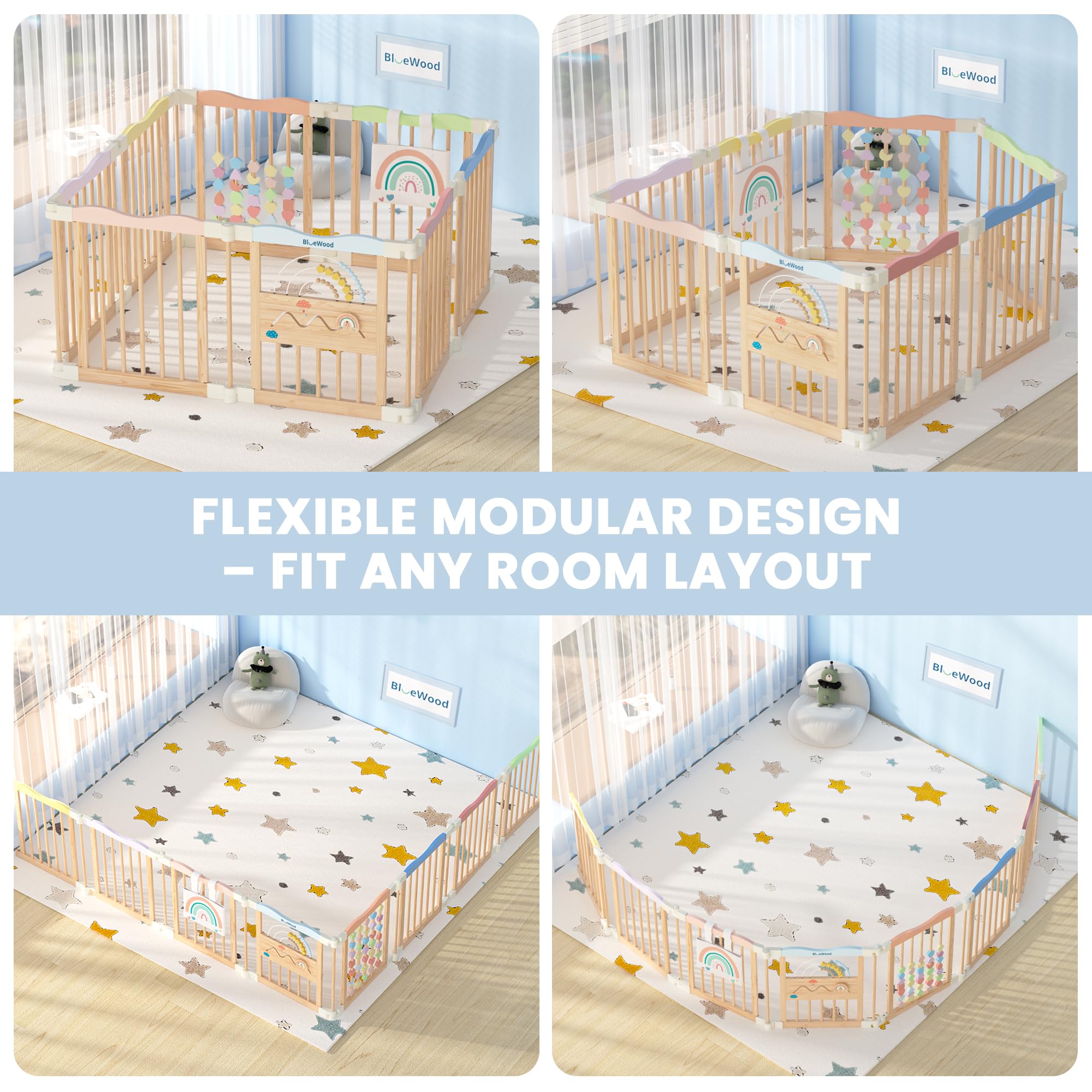 BlueWood playpen in-room setup shows family-friendly space for babies and toddlers