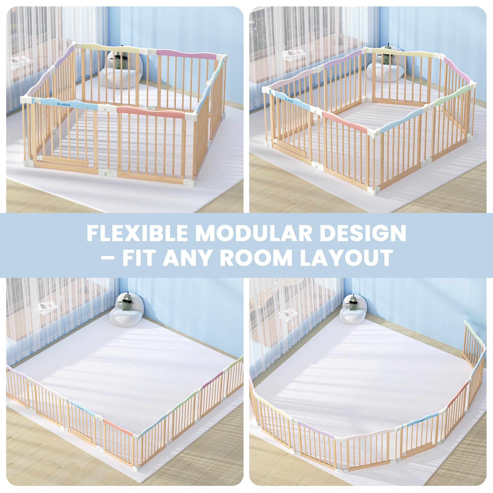 BlueWood playpen in a living room setup shows portable, tool-free assembly.