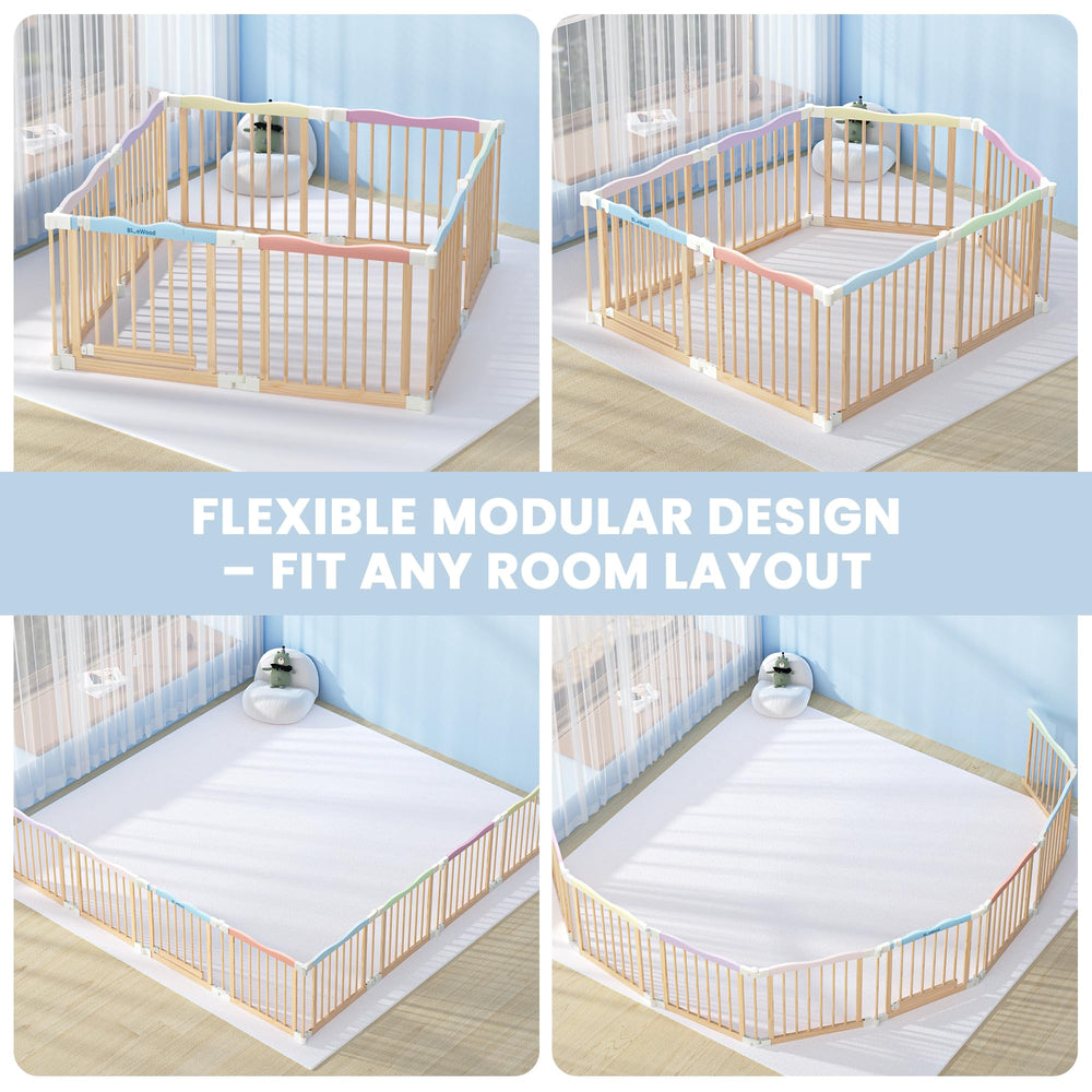 BlueWood playpen in a living room setup shows portable, tool-free assembly.