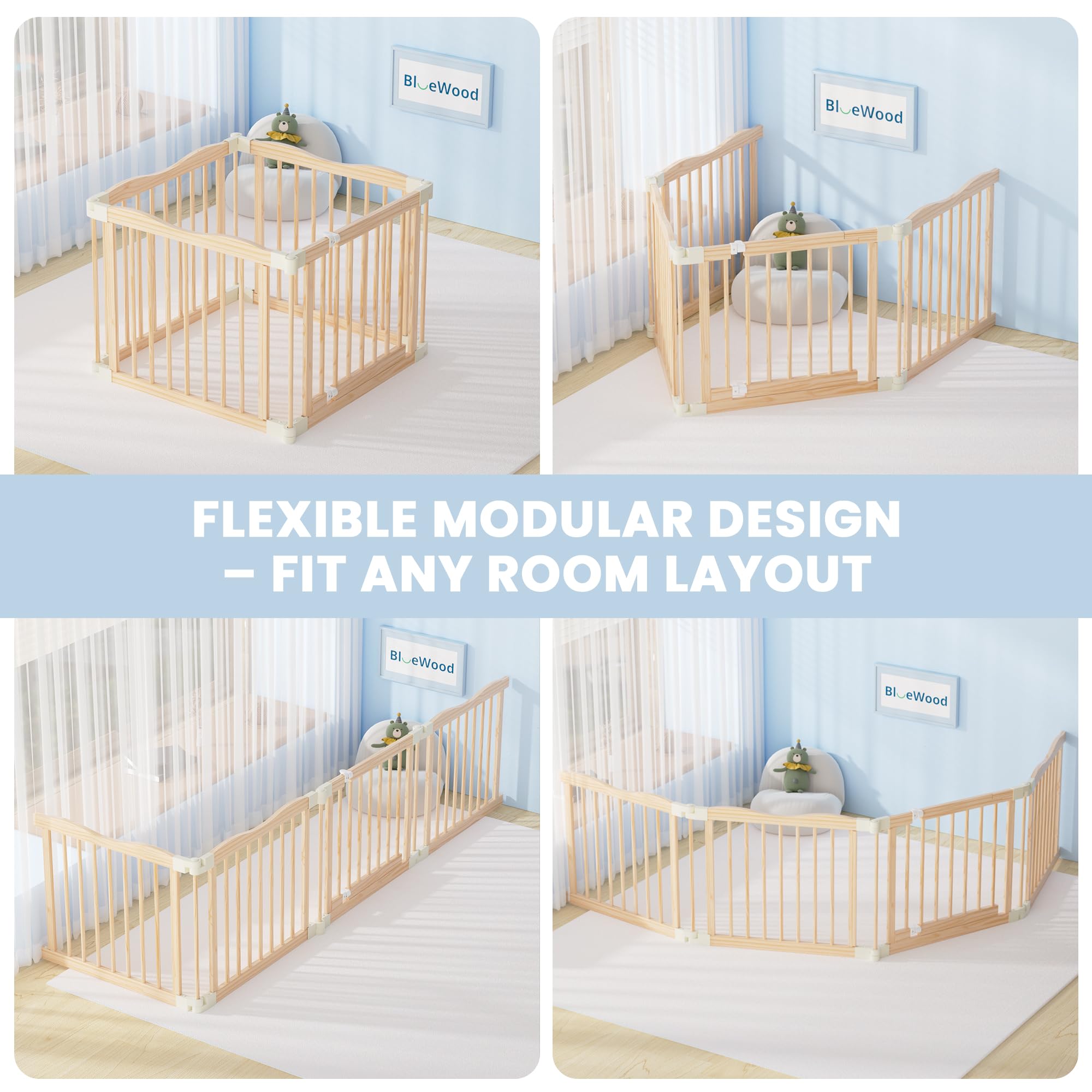 BlueWood Playpen in living room illustrating spacious interior for toddler exploration.