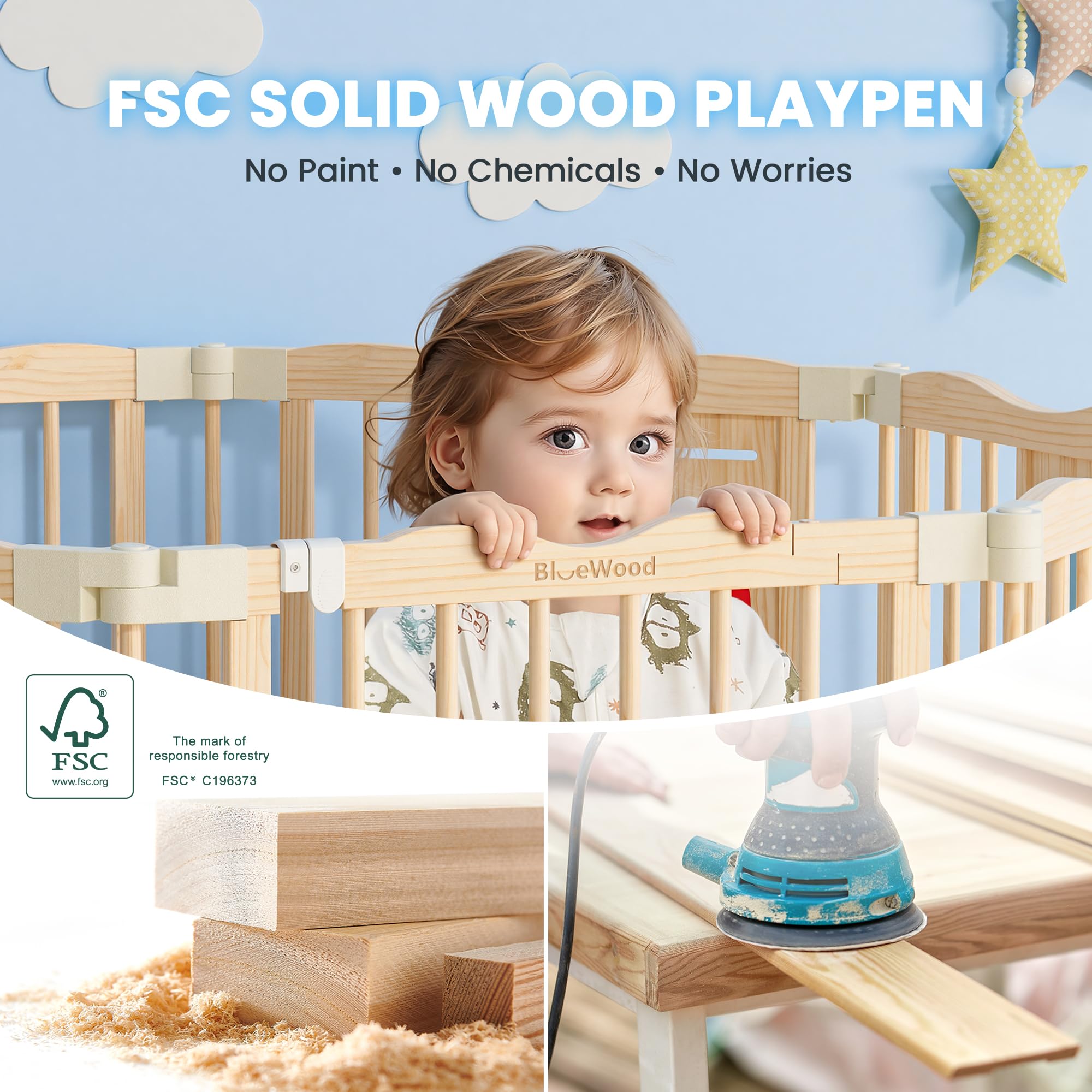 BlueWood wooden-gate closeup shows a smooth finish and sturdy construction.