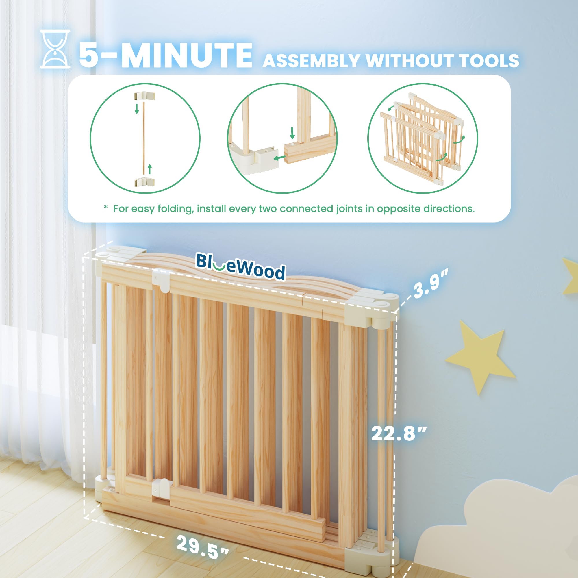 BlueWood wooden playpen corner safety with rounded edges for teething-friendly design.