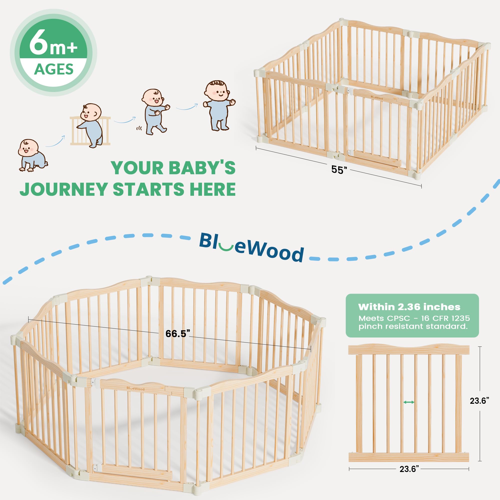 BlueWood wooden playpen with CPC-coated finish emphasizes toxin-free, child-friendly construction.