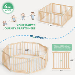 BlueWood wooden playpen with CPC-coated finish emphasizes toxin-free, child-friendly construction.