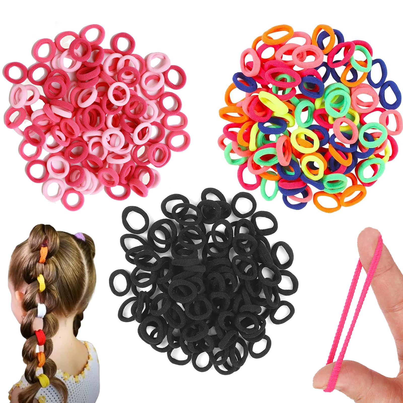 BlueZOO 300pcs hair ties soft cotton close-up for gentle kid-friendly wear.