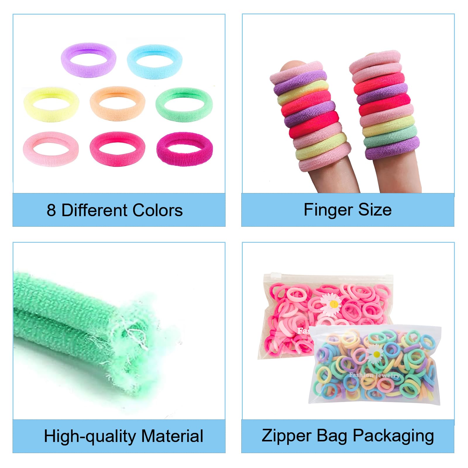 BlueZOO durable stretchy cotton hair ties close-up, hold hair firmly during active play.