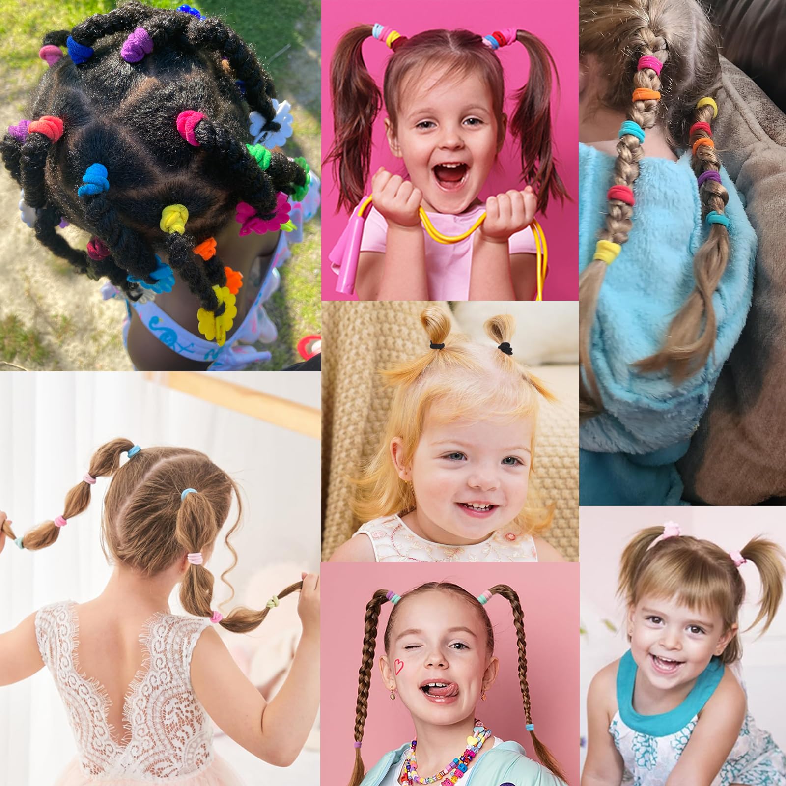 BlueZOO no snag hair ties on child's hair demonstrating gentle use.