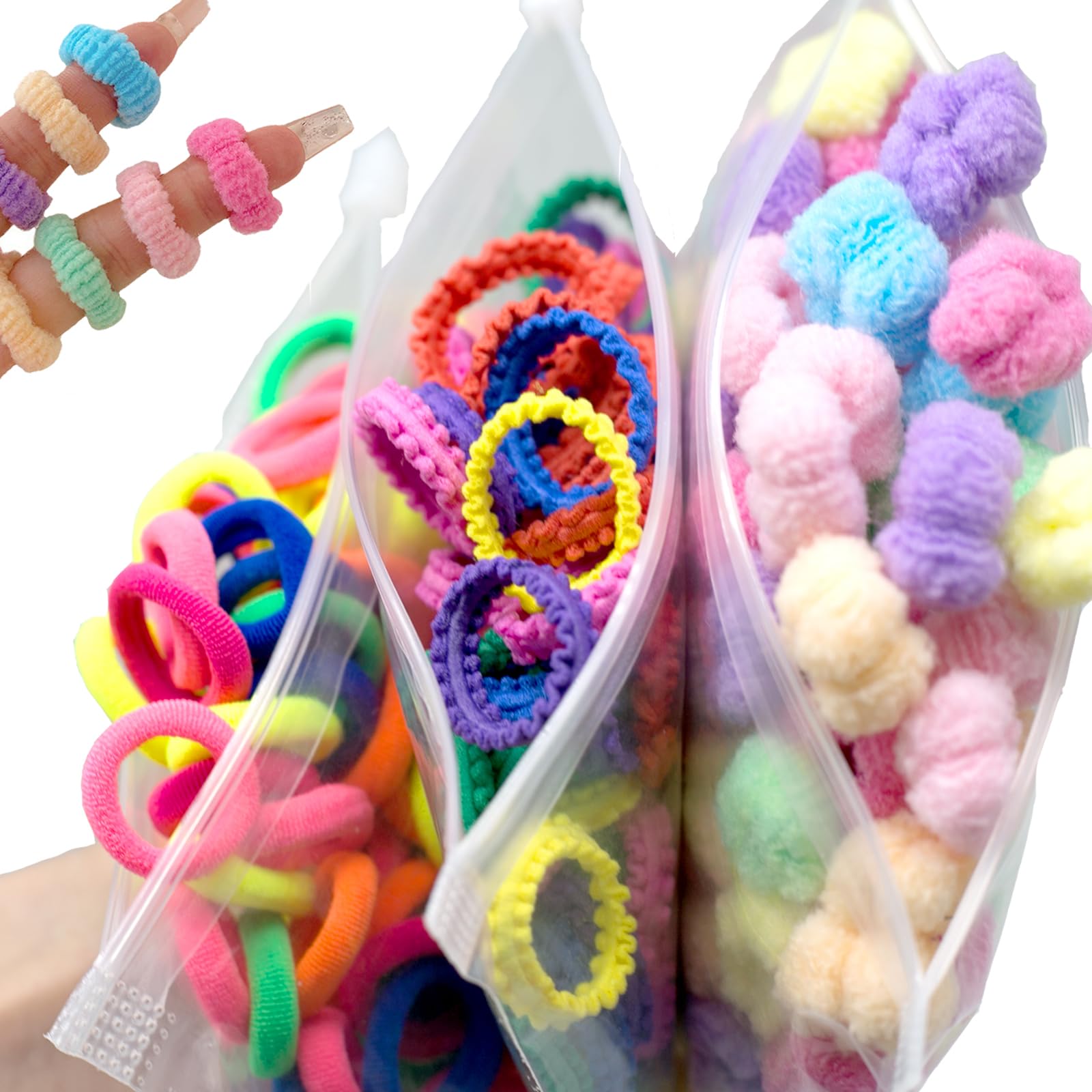 BlueZOO three textures hair ties pack closeup showing gentle cotton blend for snag-free wear.