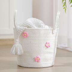 Blushtier 11inch cotton rope basket with 3D flower for nursery storage.