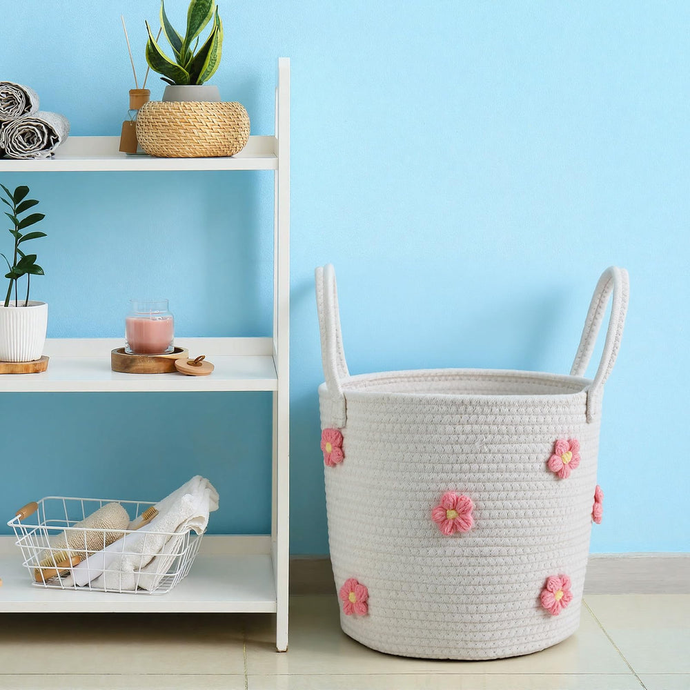 Blushtier cotton rope basket adds decor while organizing living spaces.