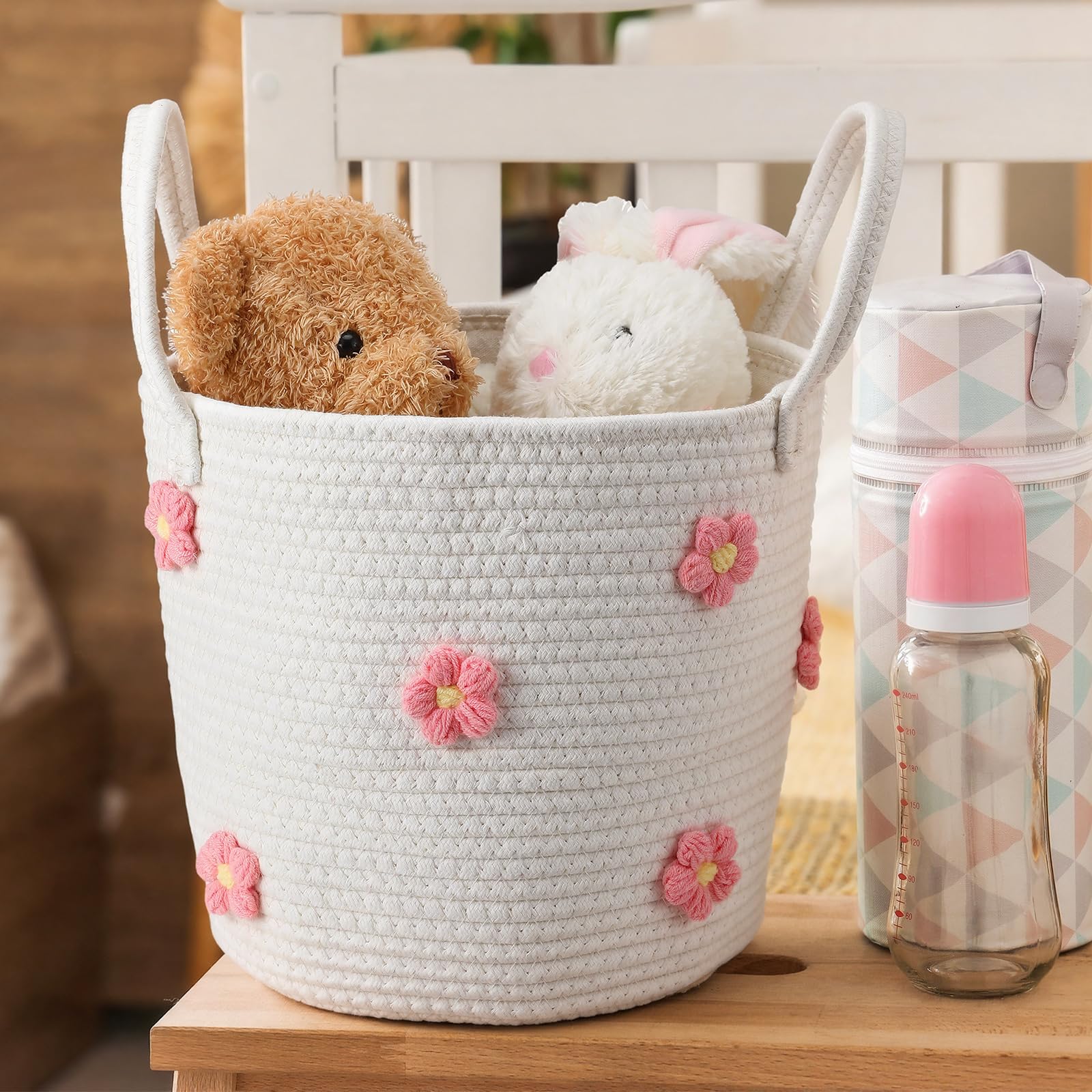 Blushtier pink flower basket decorative storage for blankets or magazines.