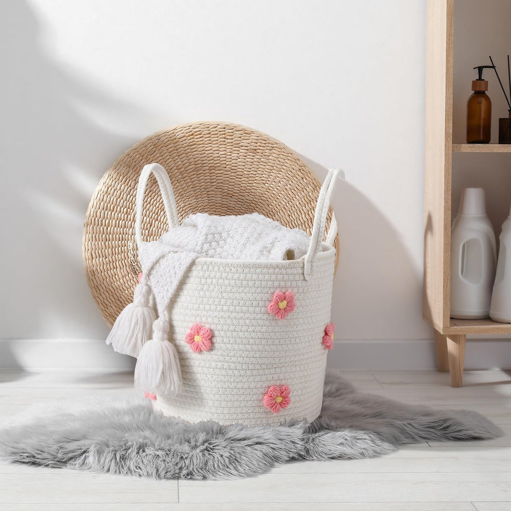 Blushtier round rope storage basket shown in a living room setting.