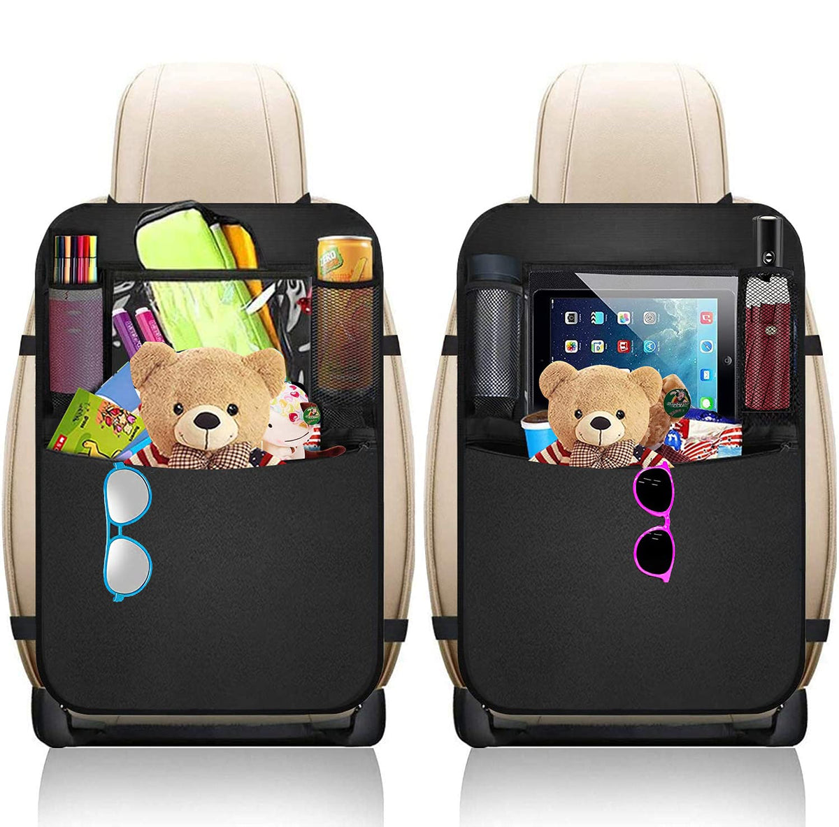 BLYPHOO backseat organizer kick mats aerial view shows full-seat protection and mess defense.