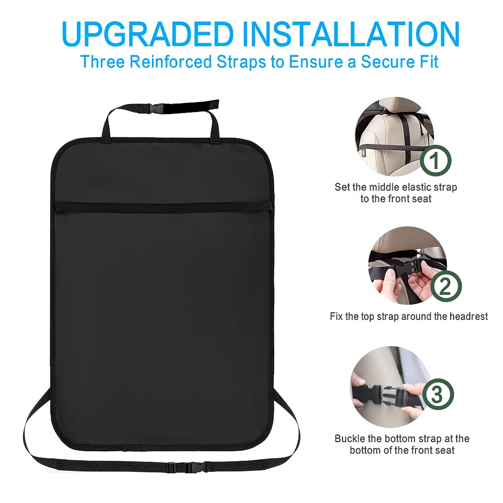 BLYPHOO backseat organizer kick mats durable straps image highlights snug fit in cars and SUVs.