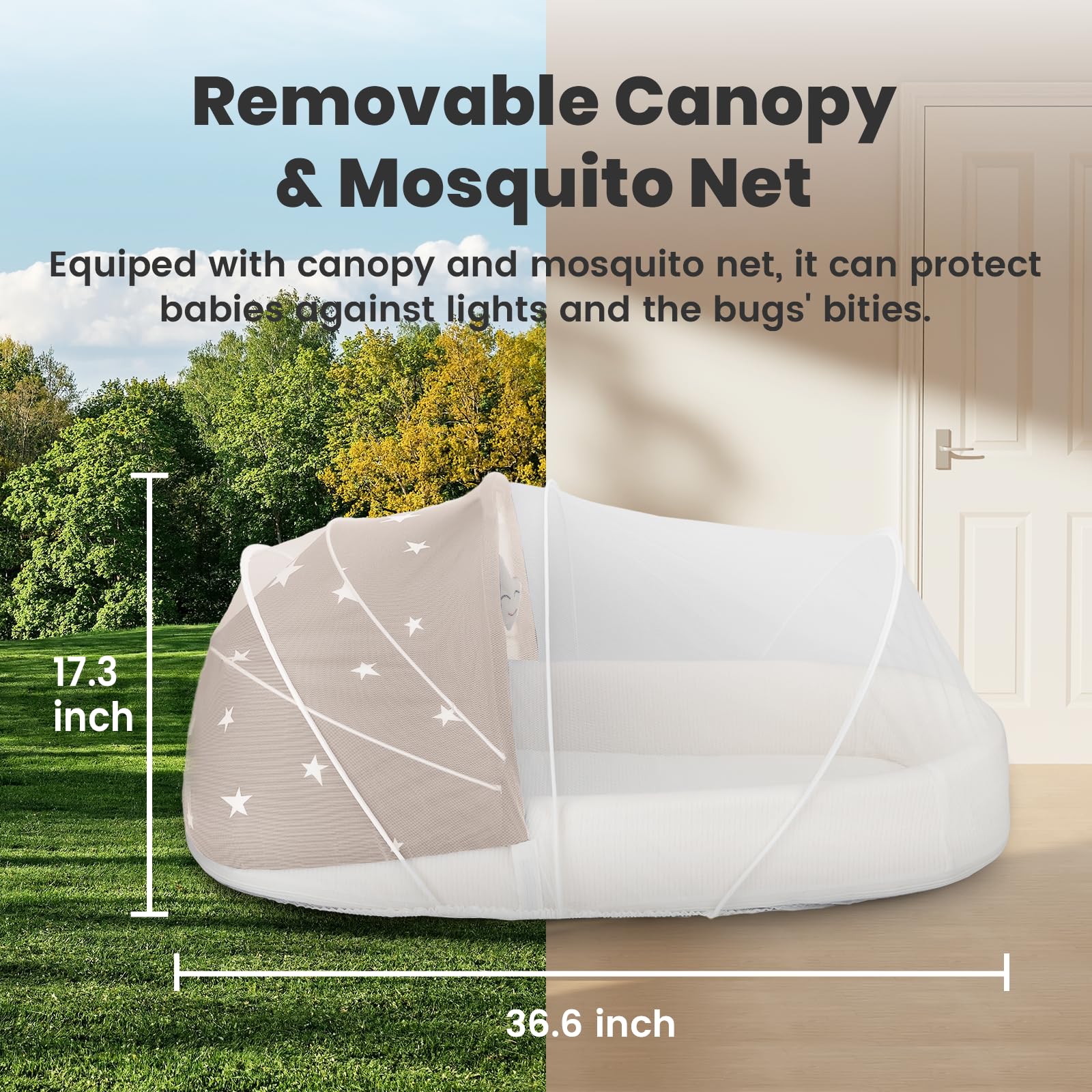 BNAKKON mosquito net and awning detail protects baby from sun and insects outdoors