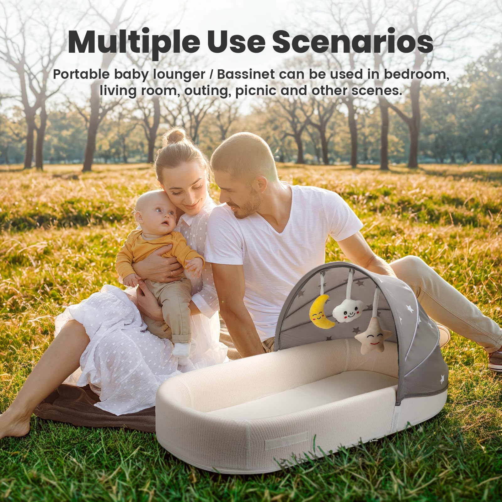 BNAKKON portable baby bassinet outdoors scene emphasizes shade and air flow
