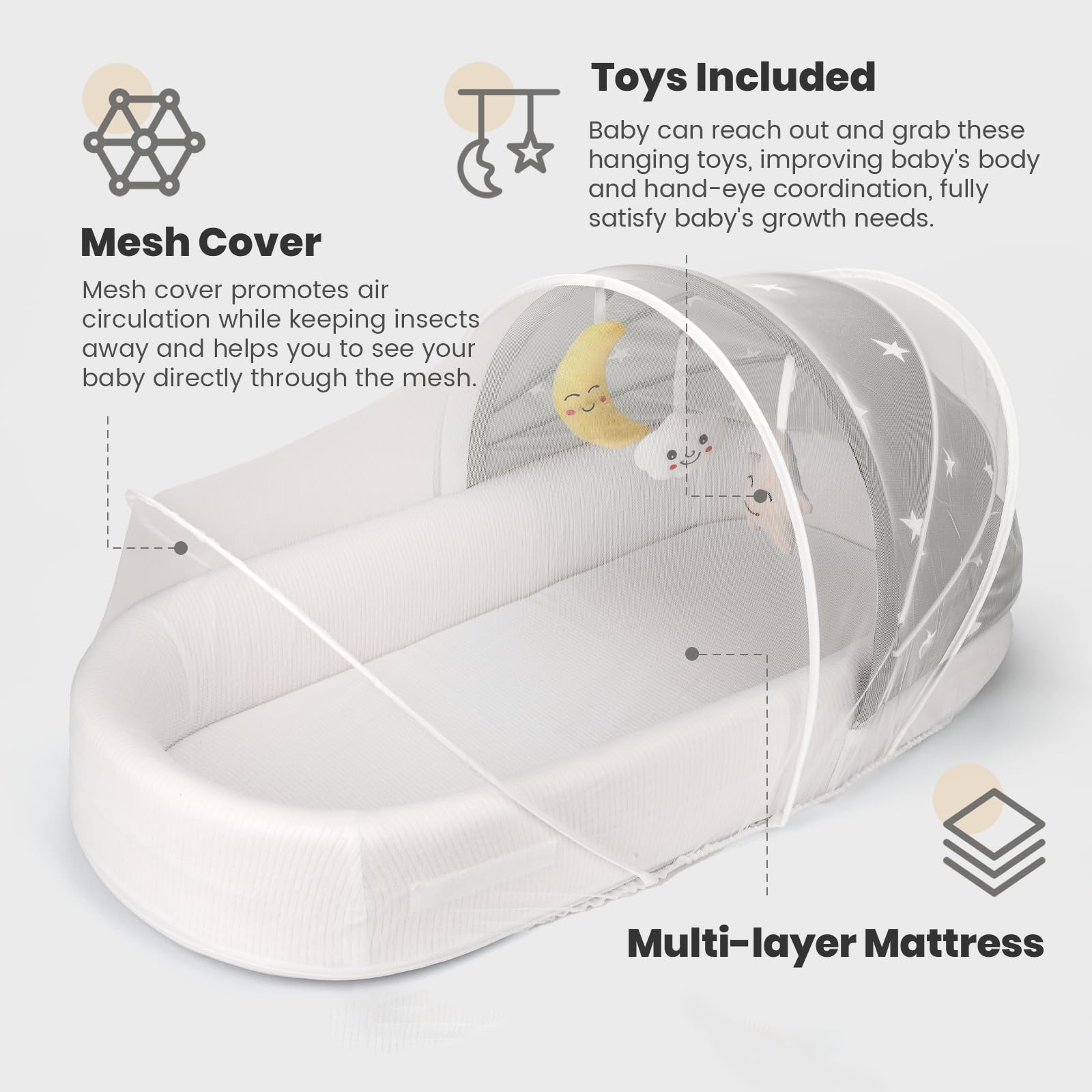 BNAKKON baby bassinet toy area highlights sensory development during rest or play
