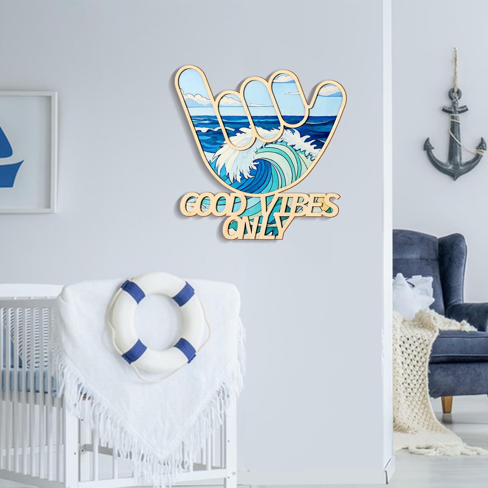 Bnesi living room surf decor complements bedrooms with coastal warmth.
