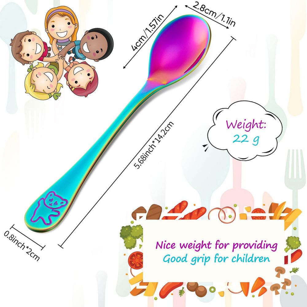 Boao rainbow kids spoons closeup with bear engraving on handle