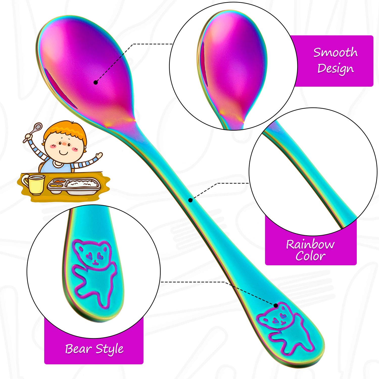 Boao rainbow kids spoons highlighting dishwasher-safe stainless steel build