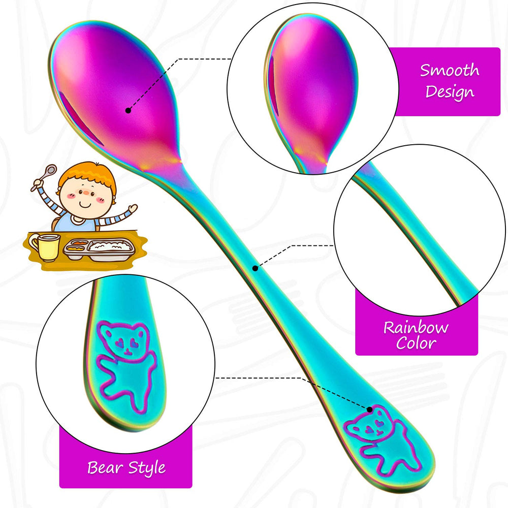Boao rainbow kids spoons highlighting dishwasher-safe stainless steel build