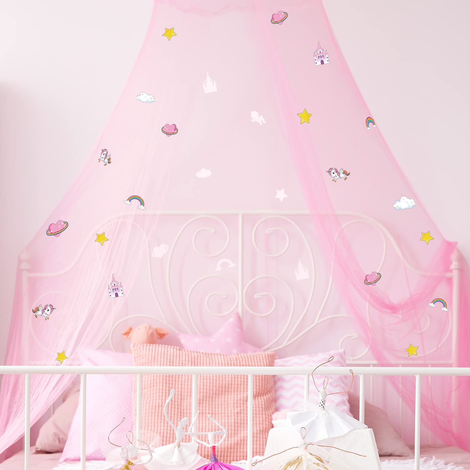 Boao Stars Glow bed canopy with unicorn motif creates a magical sleep space for girls.