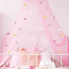Boao Stars Glow bed canopy with unicorn motif creates a magical sleep space for girls.