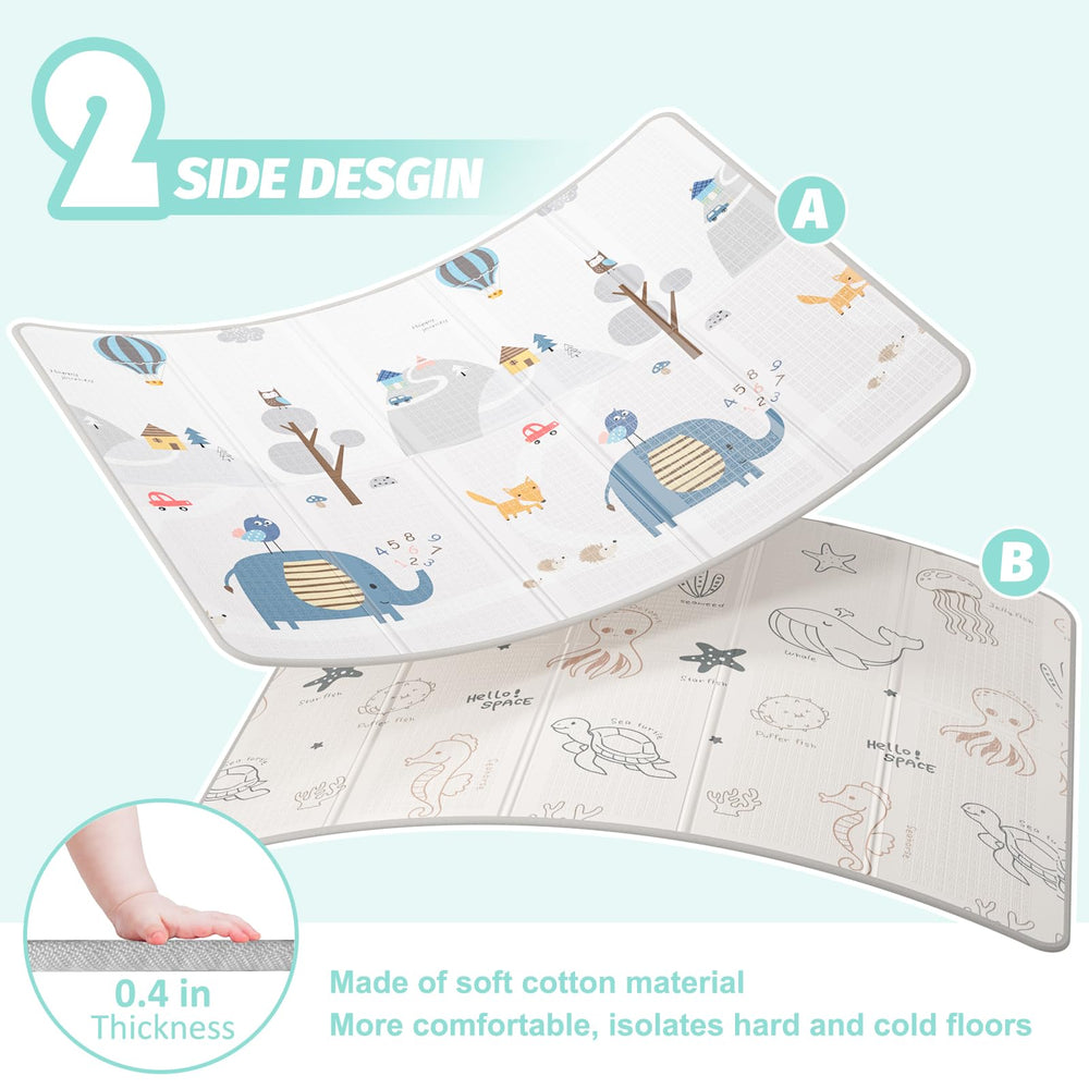 Boardraob elephant-pattern side offers cozy, cheerful space for nap-time play.