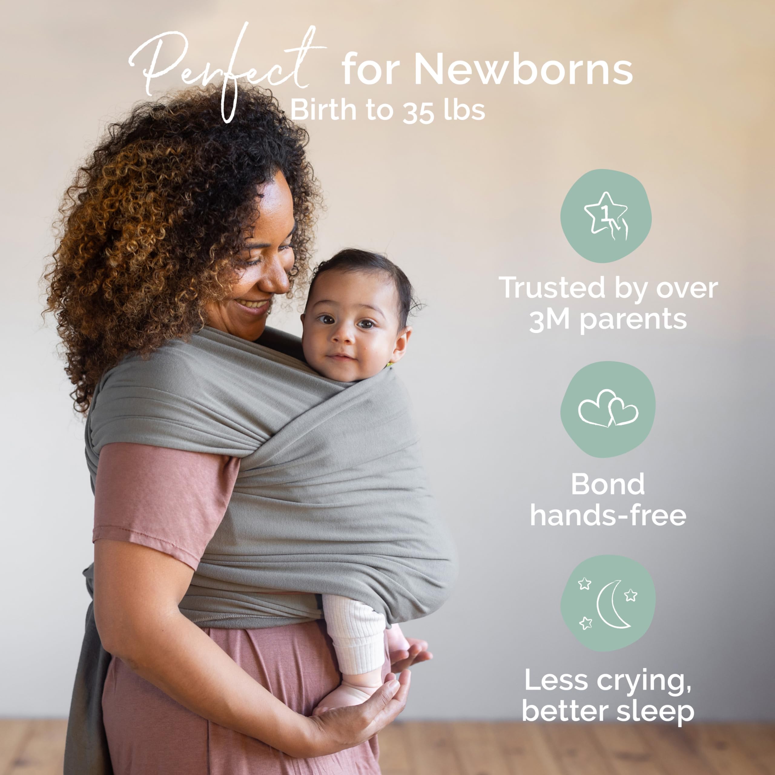 Boba original grey wrap worn by parent demonstrates hands-free bonding