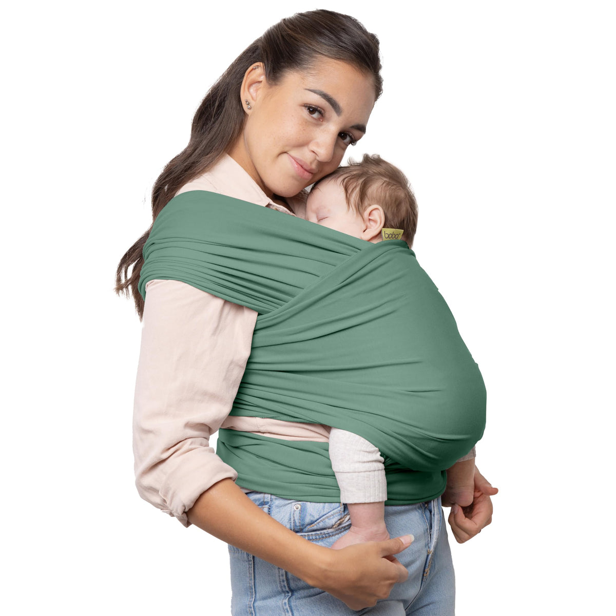 Boba baby wrap in sage green shows soft fabric close-up for daytime snuggling and hands-free errands.
