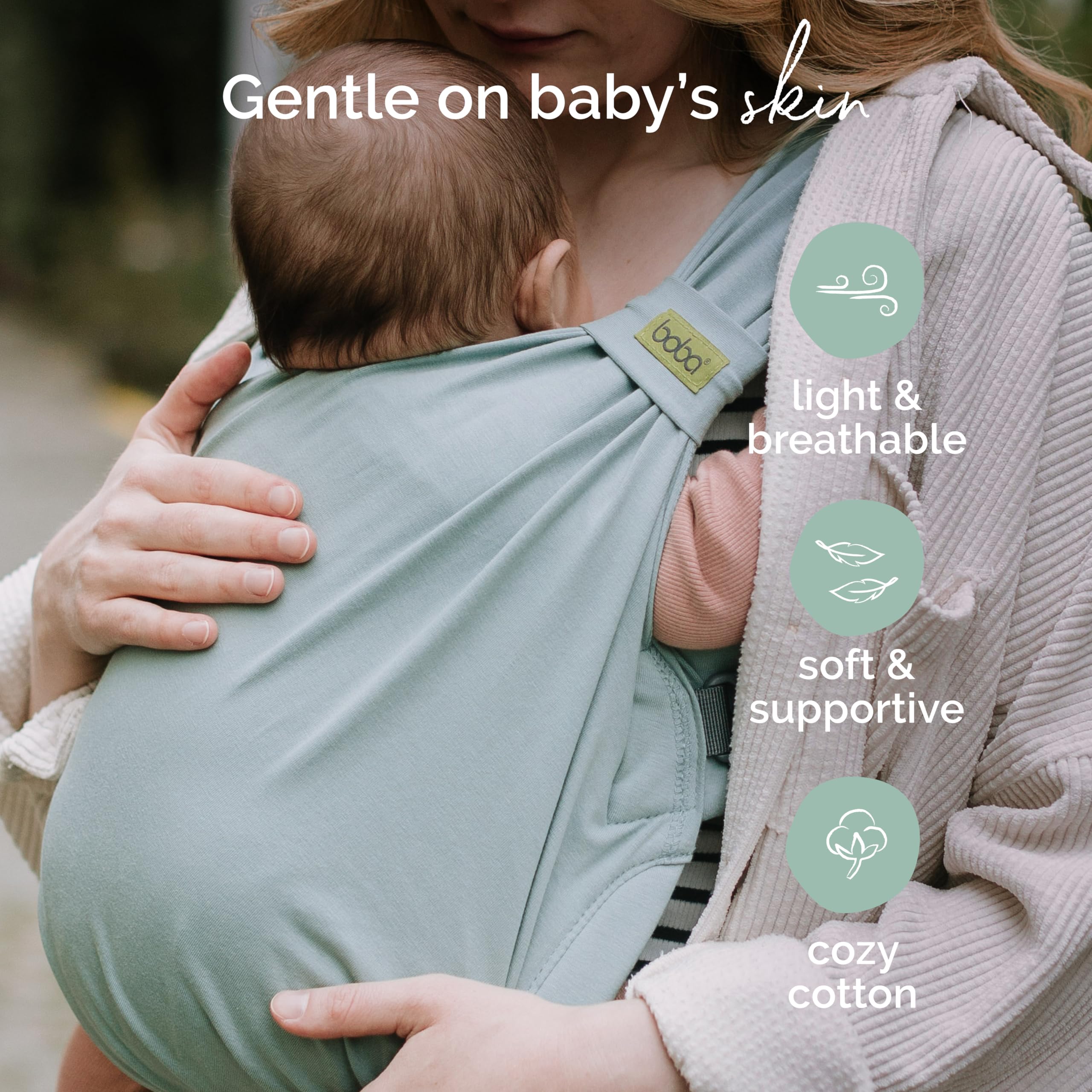 Boba Bliss soft stretchy fabric keeps baby cozy and parent cool in warm weather
