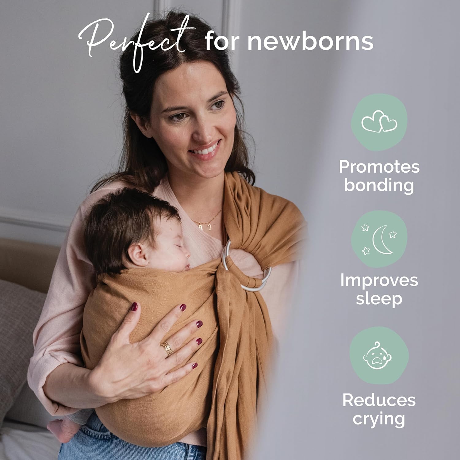 Boba ring sling breathable fabric keeping both wearer and baby cool.