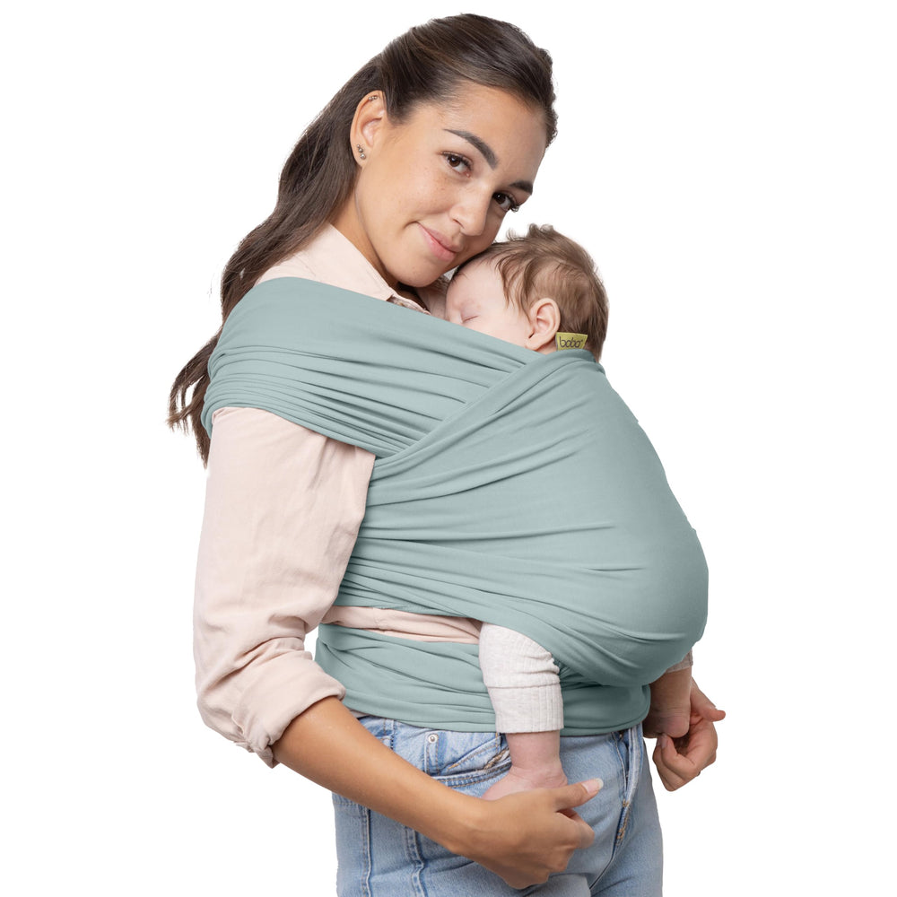 Boba Serenity Sea Mist wrap worn front carry for newborn to toddler comfort.