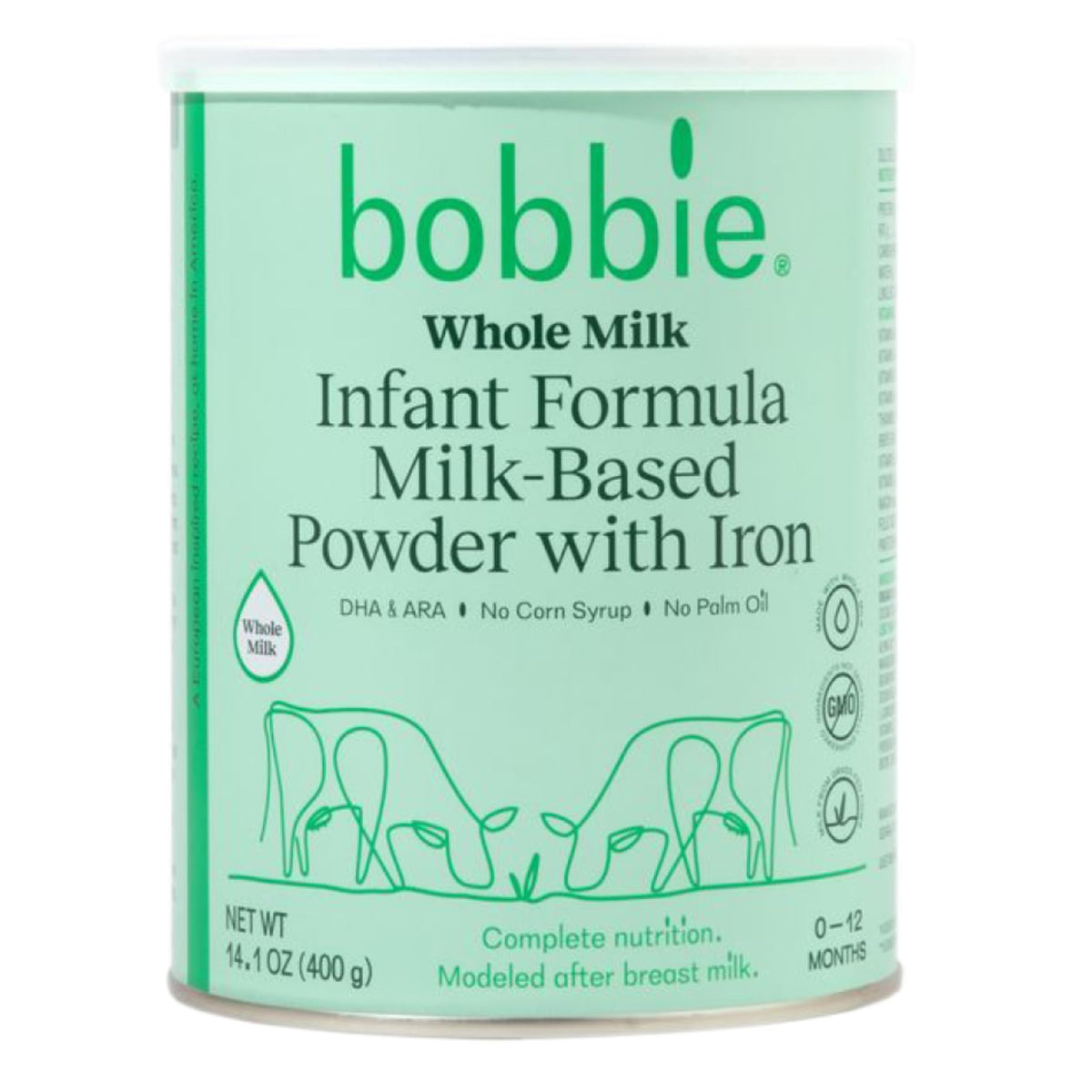 Bobbie formula can nutrition label highlights essential nutrients for babies.