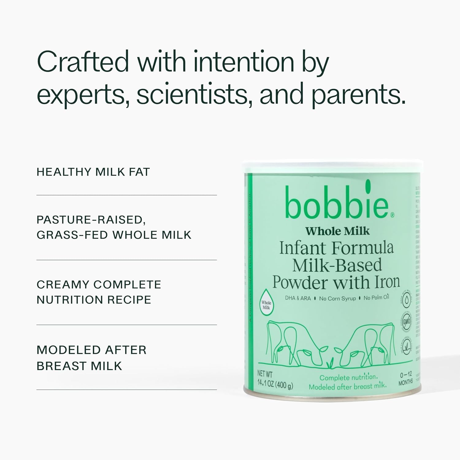 Bobbie formula label close-up highlighting iron, DHA, and no added fillers