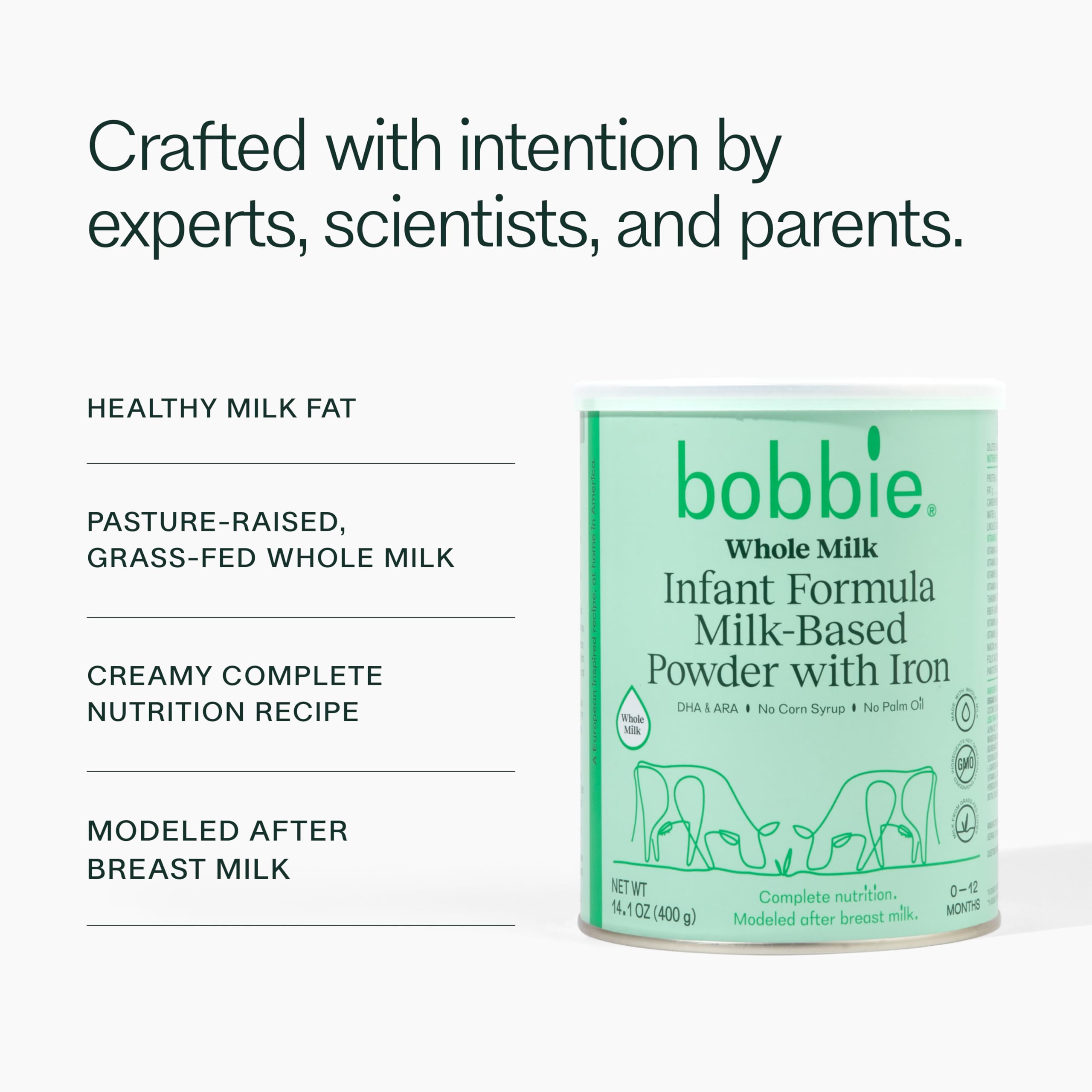 Bobbie grass-fed cows pasture image emphasizes high-quality whole milk source.