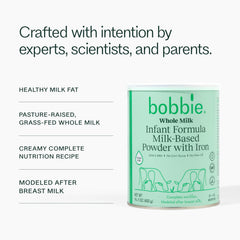 Bobbie grass-fed cows pasture image emphasizes high-quality whole milk source.