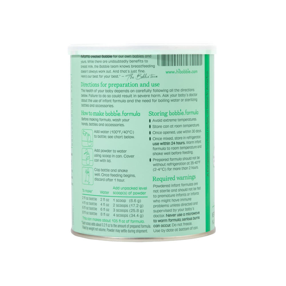 Bobbie non-palm-oil, non-corn-syrup formula with clean ingredients.