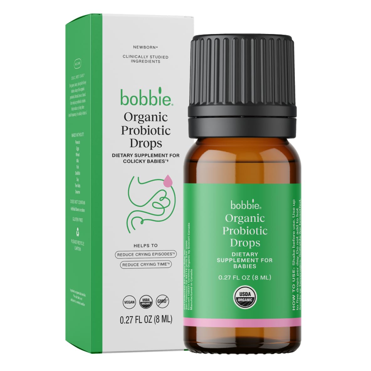Bobbie Organic Baby Probiotic Drops bottle shows 1B CFU for infant gut support.
