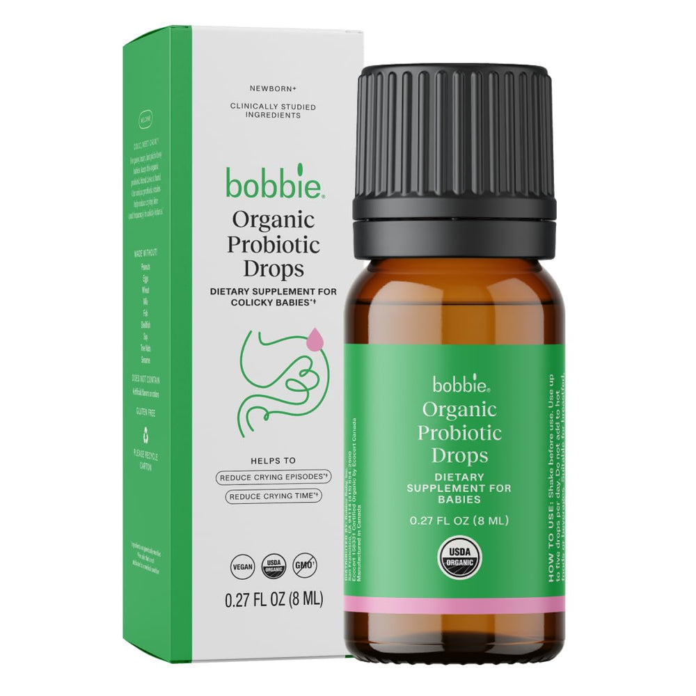 Bobbie Organic Baby Probiotic Drops bottle shows 1B CFU for infant gut support.