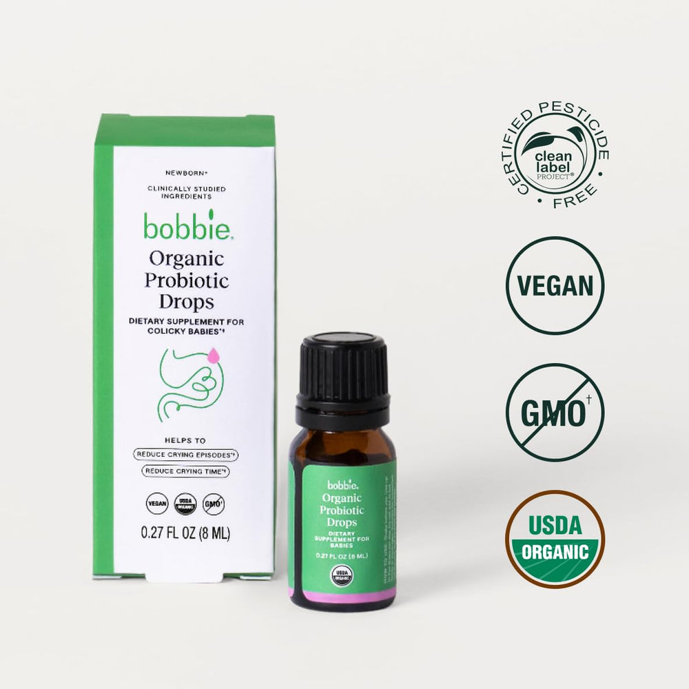 Bobbie Organic Baby Probiotic Drops daily-use dosing scene illustrating easy integration into routines.