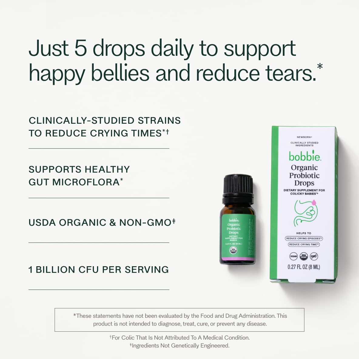 Bobbie Organic Baby Probiotic Drops ingredients label highlights organic probiotic blend.