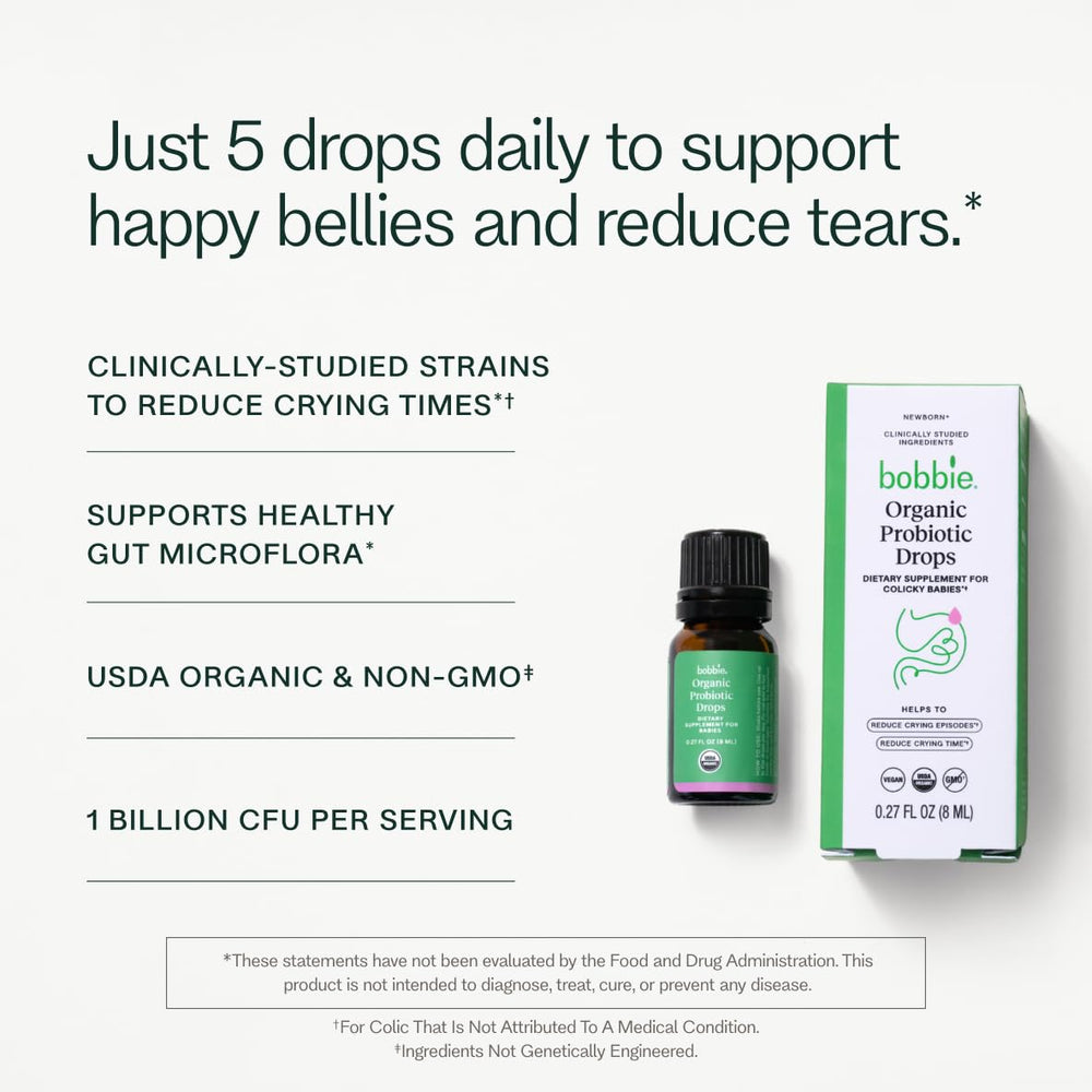 Bobbie Organic Baby Probiotic Drops ingredients label highlights organic probiotic blend.