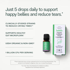 Bobbie Organic Baby Probiotic Drops ingredients label highlights organic probiotic blend.